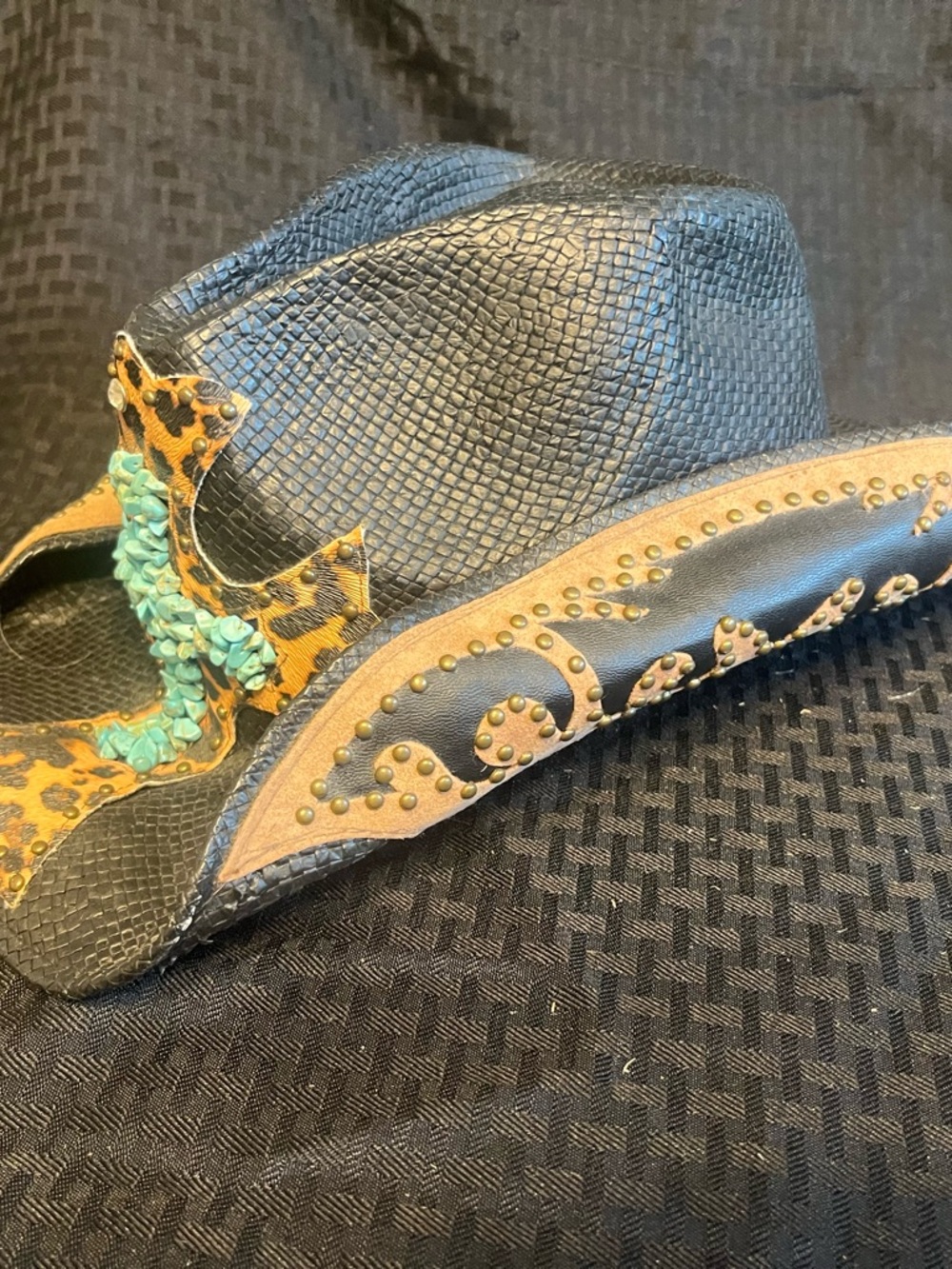 Peter Grimm Black Straw Cowboy Hat with Leopard Trim and Turquoise Cross - Picture 2 of 5